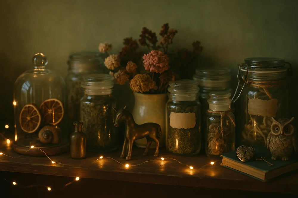 Decorative shelf with jars, a small figurine, and string lights on a wooden surface.