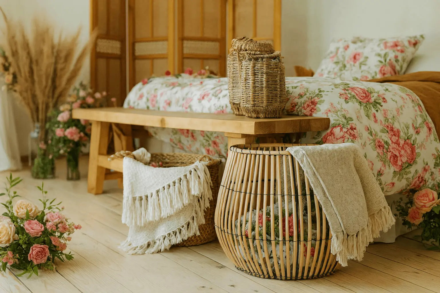 Decorative room with floral bedspread, wooden bench, and wicker stool.