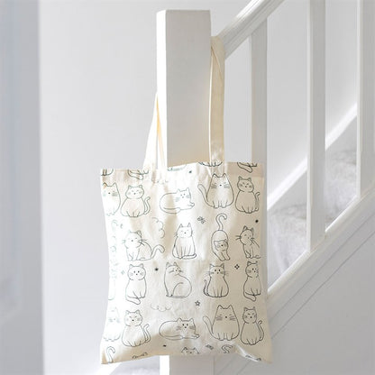 White Cat Print Polycotton Tote Bag