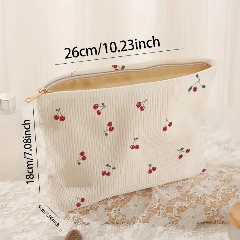 Cherry Print Corduroy Makeup Bag