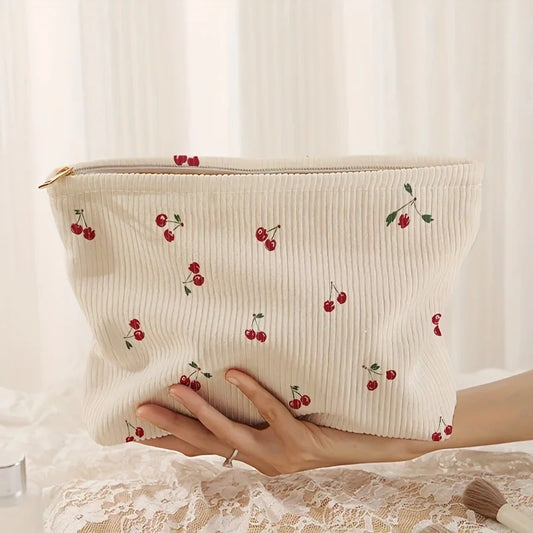 Cherry Print Corduroy Makeup Bag