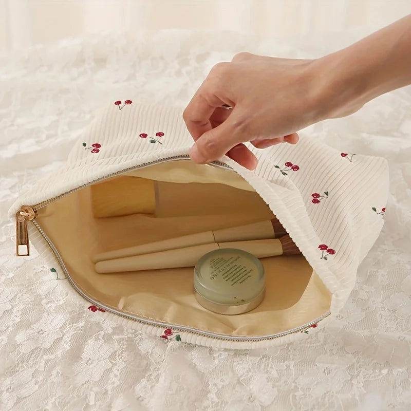 Cherry Print Corduroy Makeup Bag