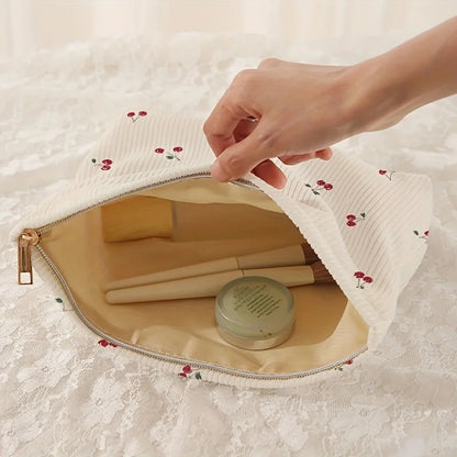 Cherry Print Corduroy Makeup Bag