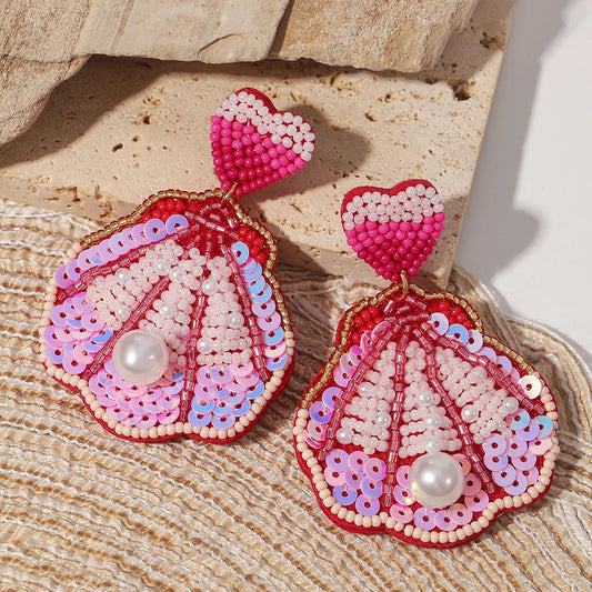 Beaded Clam Shell Earrings