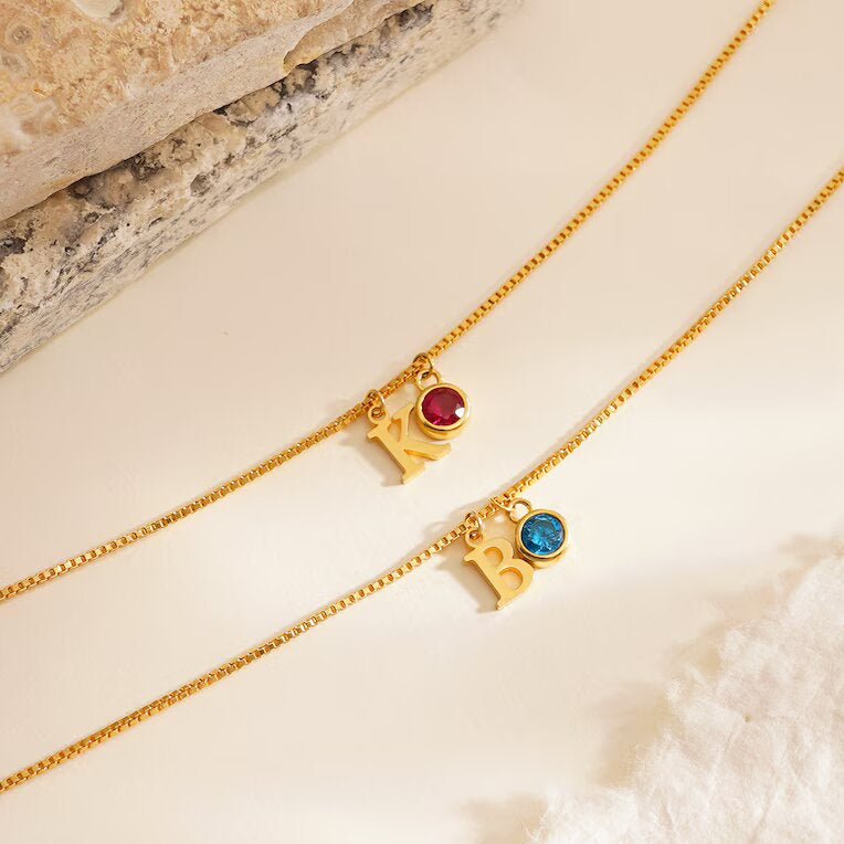 Dainty Gold Initial Birthstone Necklace