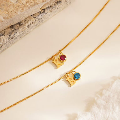 Dainty Gold Initial Birthstone Necklace