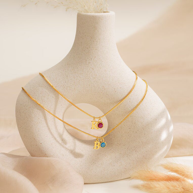 Dainty Gold Initial Birthstone Necklace